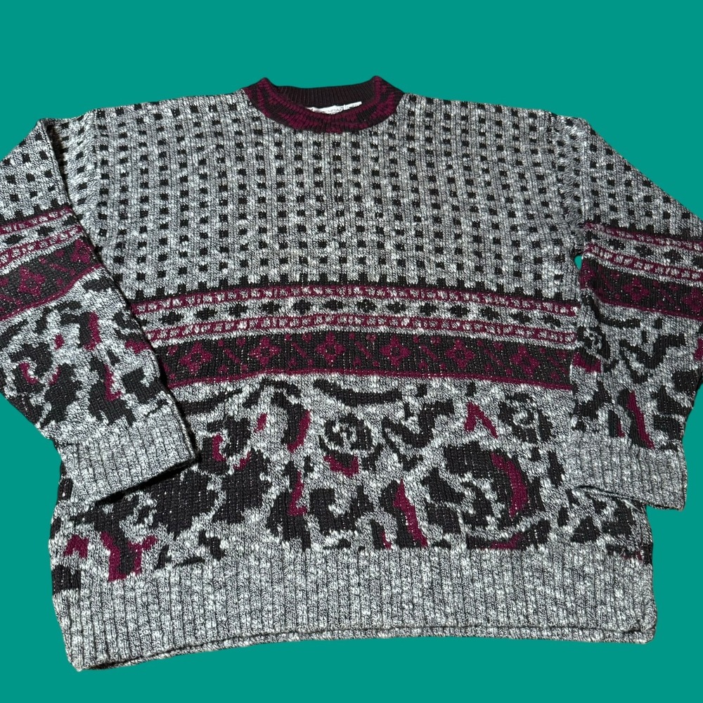 Vintage JJ Cochran Sweater Geometric Fuzzy Knitted Pullover USA Mens XL Gray
